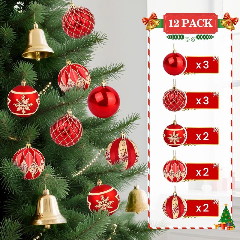 EverMerry EveryMerry 12-Pack 3.1 Inch Christmas Ornaments Set - Red & Gold Ornament Balls with 5 Various Designs, Decorations with Strings, Sturdy, Kraft Box with Lid for Xmas Tree, Holiday Party & Home Decor - Image 2
